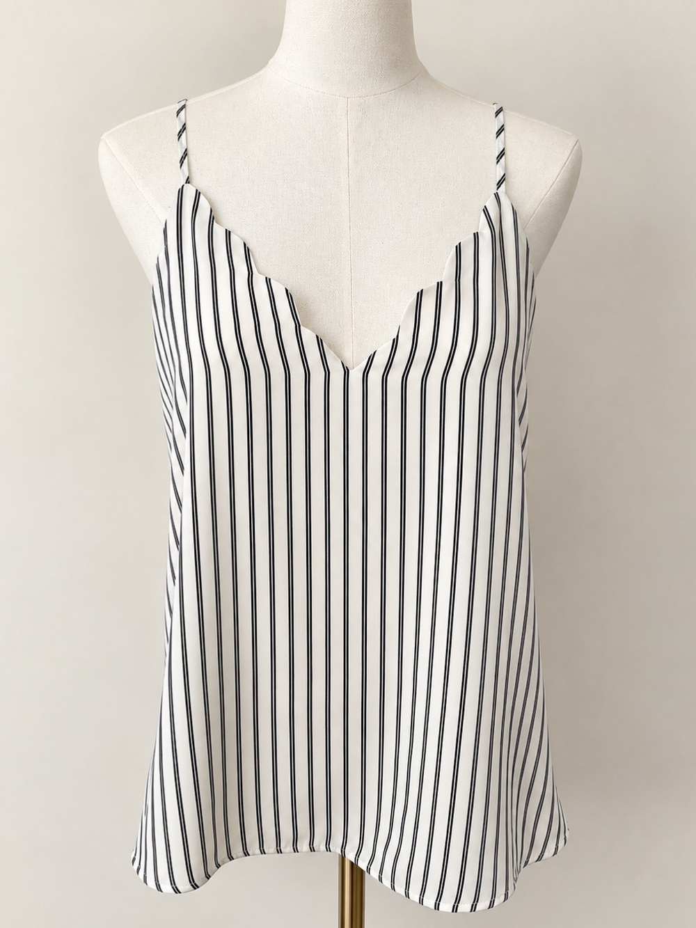 Striped White/Black V-Neck Spaghetti Strap Tank Top w/ Scallop Cut